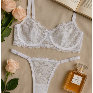 Conjunto em renda (branco) com calcinha fio dental