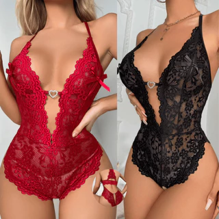 Comparativo de body em renda nas cores vermelho e preto